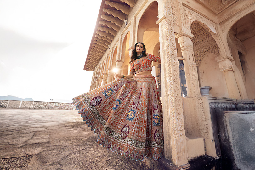  BURNT ORANGE RAW SILK BRIDAL LEHENGA