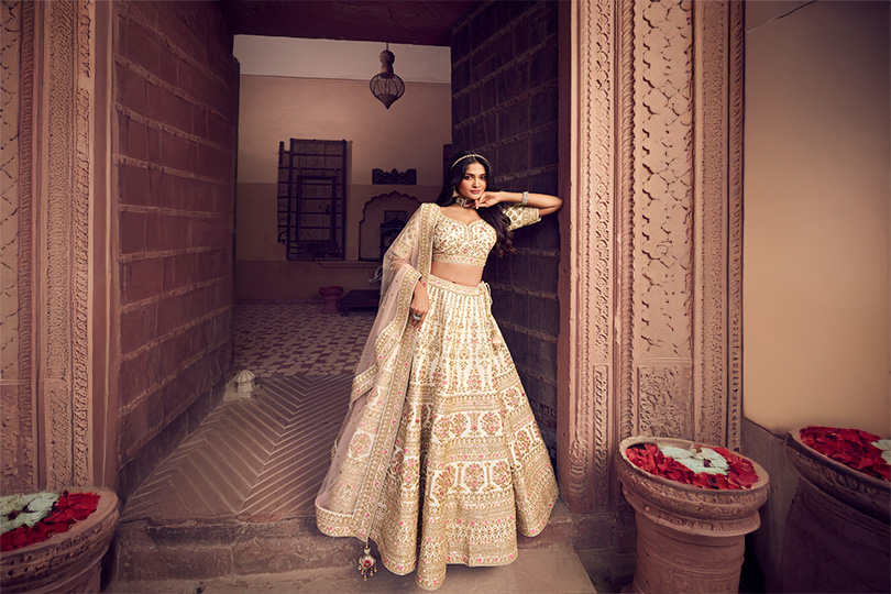 ivory rawsilk bridal lehenga